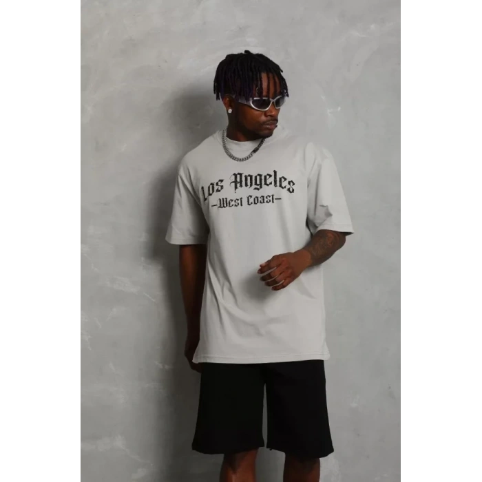 Unisex Oversize Baskılı Bisiklet Yaka Thirt  Gri