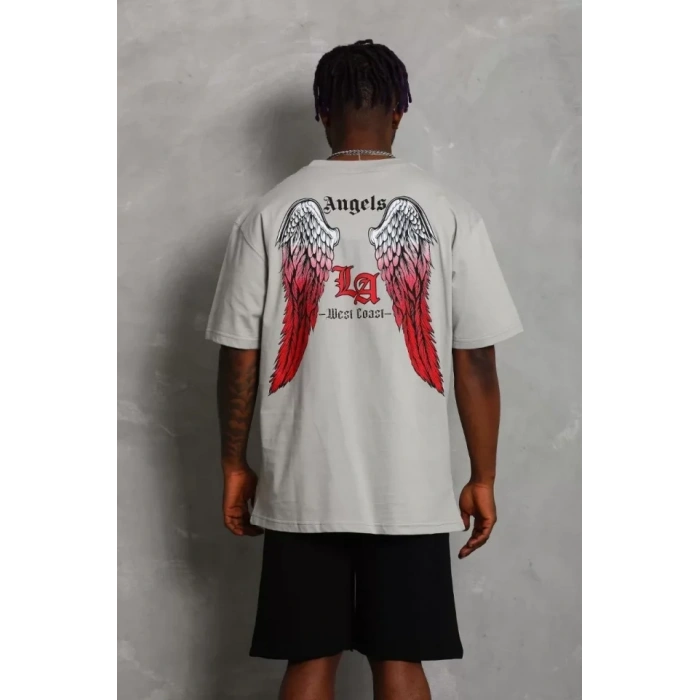 Unisex Oversize Baskılı Bisiklet Yaka Thirt  Gri