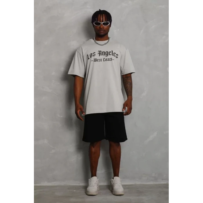 Unisex Oversize Baskılı Bisiklet Yaka Thirt  Gri