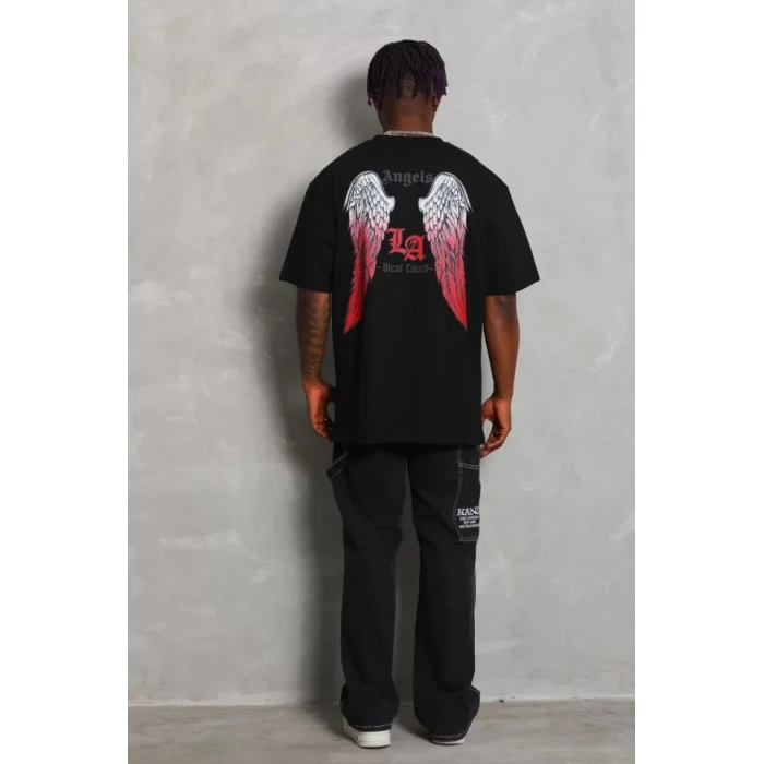 Unisex Oversize Baskılı Bisiklet Yaka Thirt  iyah