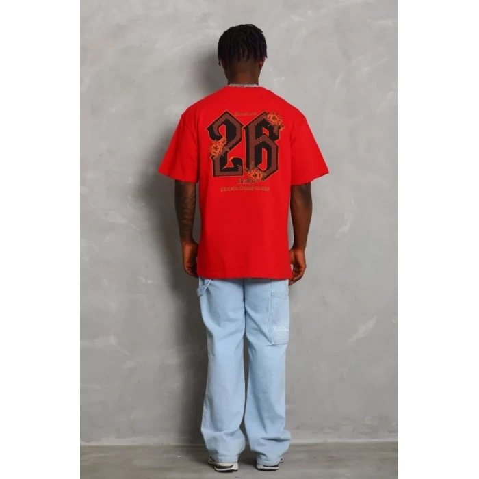 Unisex Oversize Baskılı Bisiklet Yaka Thirt  Kırmızı