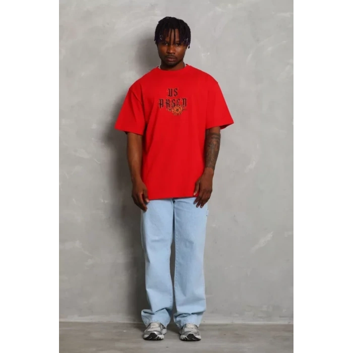 Unisex Oversize Baskılı Bisiklet Yaka Thirt  Kırmızı