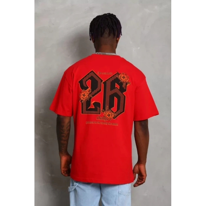 Unisex Oversize Baskılı Bisiklet Yaka Thirt  Kırmızı