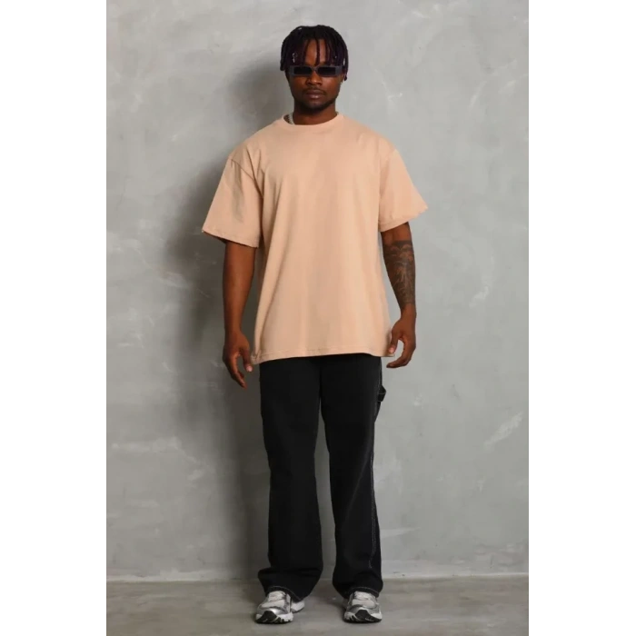 Unisex Oversize Düz Bisiklet Yaka Thirt  Bej