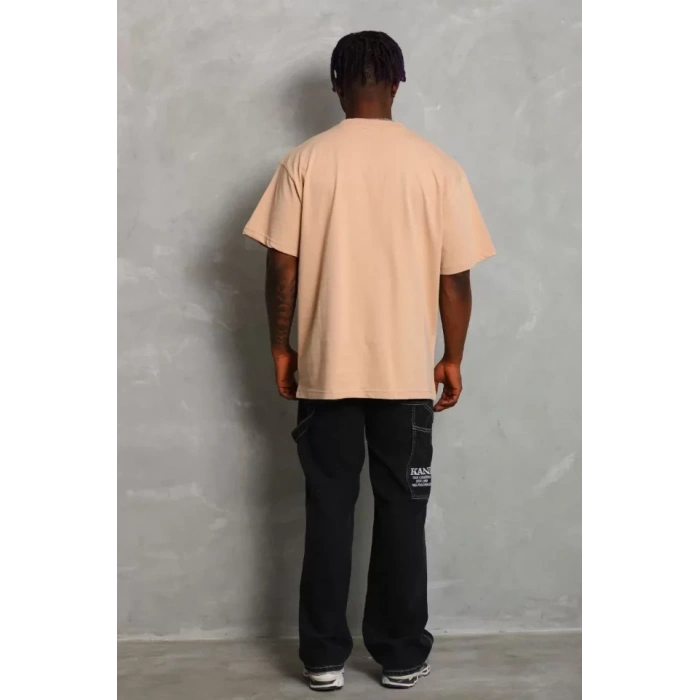 Unisex Oversize Düz Bisiklet Yaka Thirt  Bej