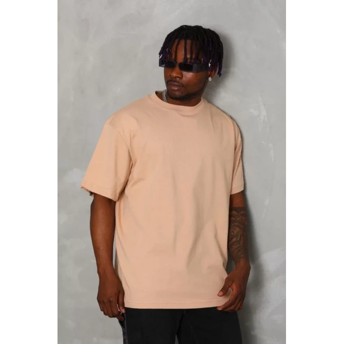 Unisex Oversize Düz Bisiklet Yaka Thirt  Bej