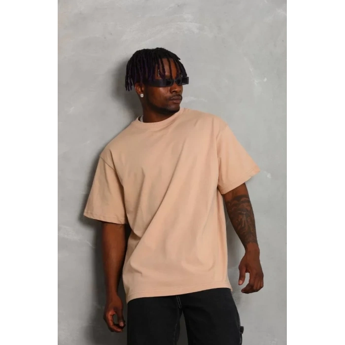 Unisex Oversize Düz Bisiklet Yaka Thirt  Bej
