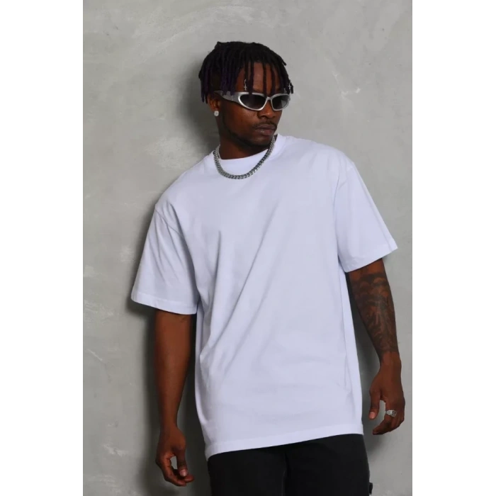 Unisex Oversize Düz Bisiklet Yaka Thirt  Beyaz