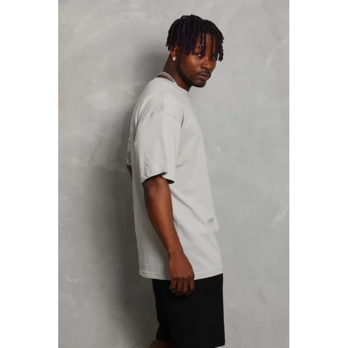 Unisex Oversize Düz Bisiklet Yaka Thirt  Gri