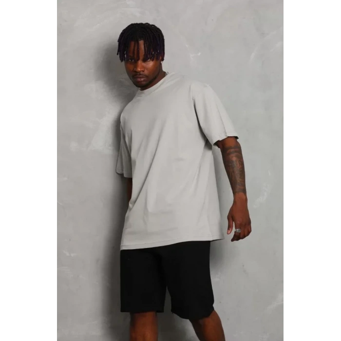 Unisex Oversize Düz Bisiklet Yaka Thirt  Gri