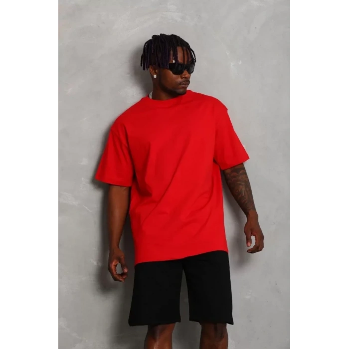 Unisex Oversize Düz Bisiklet Yaka Thirt  Kırmızı