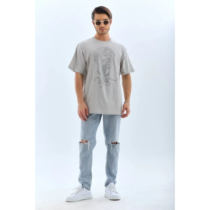 Unisex Oversize Taşlı Bisiklet Yaka Thirt  Gri