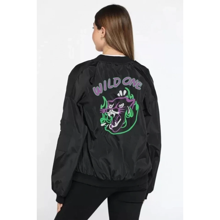 Unisex Uzun Kol Baskılı Bomber Ceket  iyah