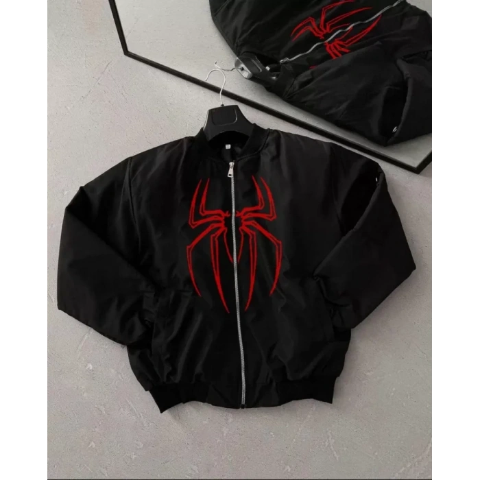 Unisex Uzun Kol Örümcek Baskılı Bomber Ceket  iyah