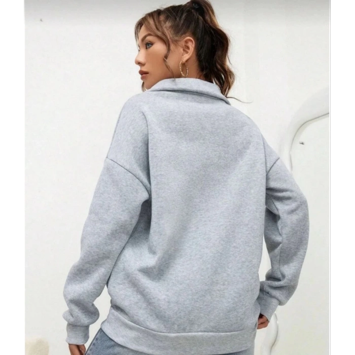 Unisex Uzun Kol Yarım Farmuarlı Yakalı Basic weathirt  Gri