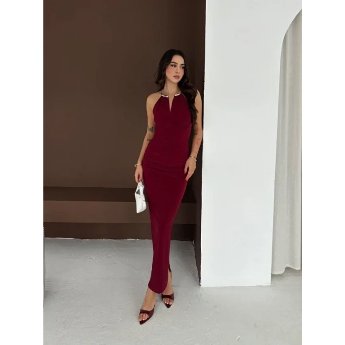 Uzun Abiye Elbise Yırtmaçlı ırt Dekolteli Şık Gece Elbisesi  Bordo
