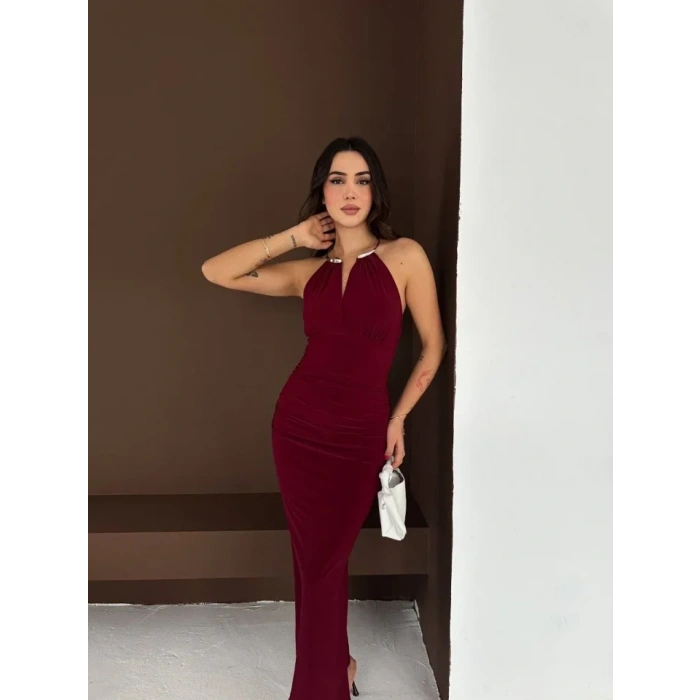 Uzun Abiye Elbise Yırtmaçlı ırt Dekolteli Şık Gece Elbisesi  Bordo