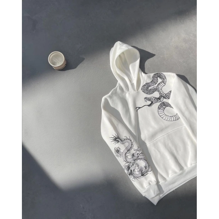 Uzun Kol Kapşonlu Baskılı weathirt  Beyaz