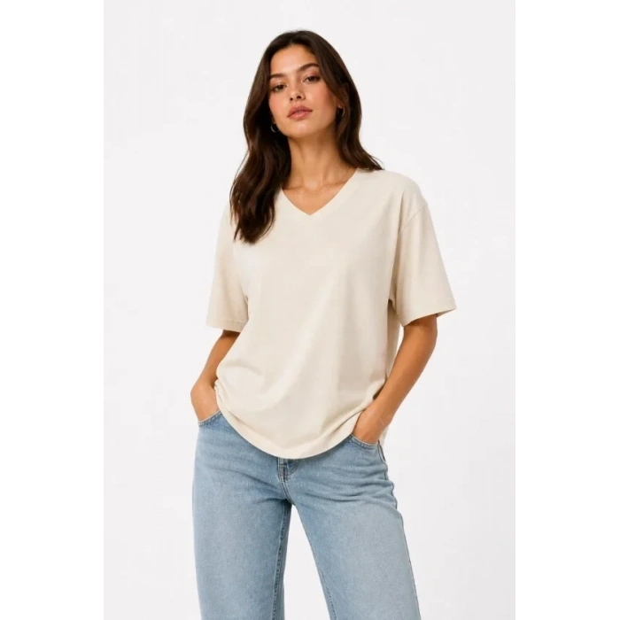 V Yaka Basic Tişört Kısa Kol Yazlık Regular Fit Thirt  Bej