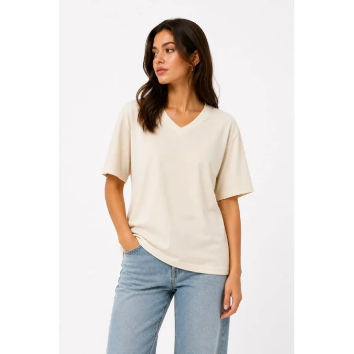 V Yaka Basic Tişört Kısa Kol Yazlık Regular Fit Thirt  Bej