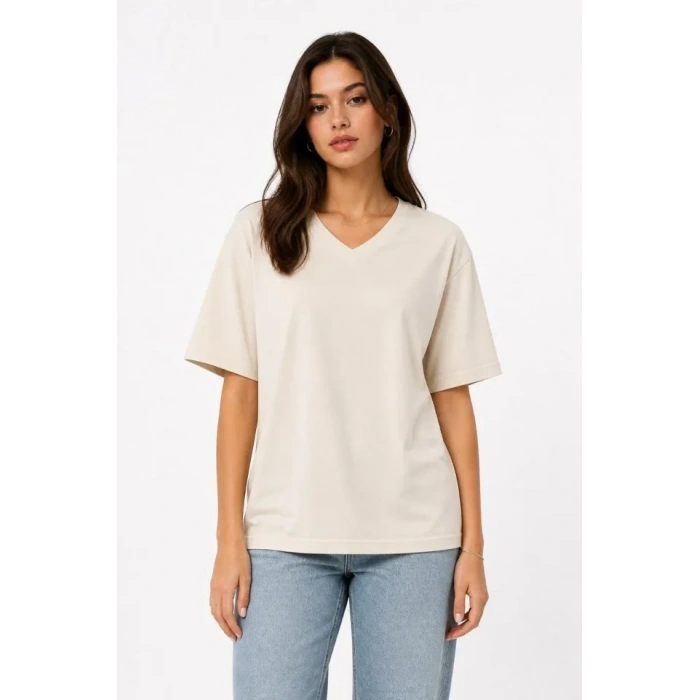 V Yaka Basic Tişört Kısa Kol Yazlık Regular Fit Thirt  Bej