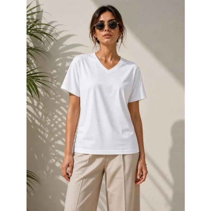 V Yaka Basic Tişört Kısa Kol Yazlık Regular Fit Thirt  Beyaz
