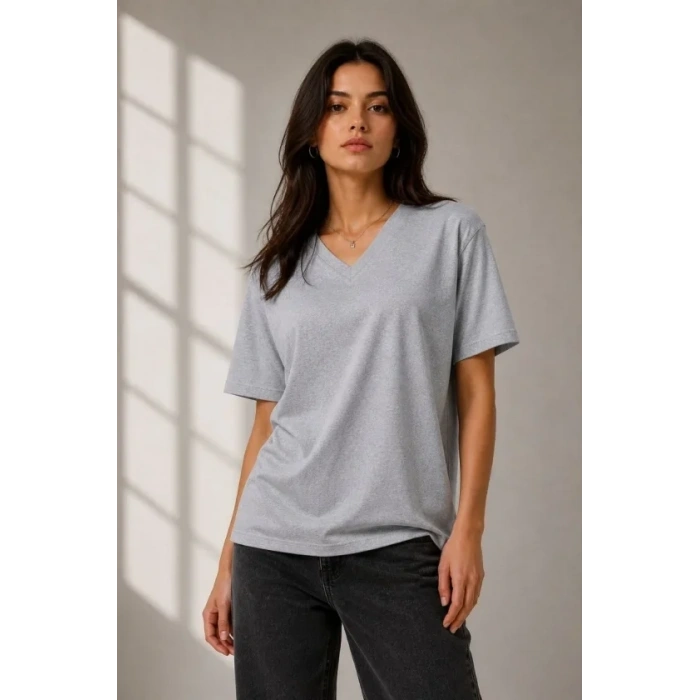 V Yaka Basic Tişört Kısa Kol Yazlık Regular Fit Thirt  Gri