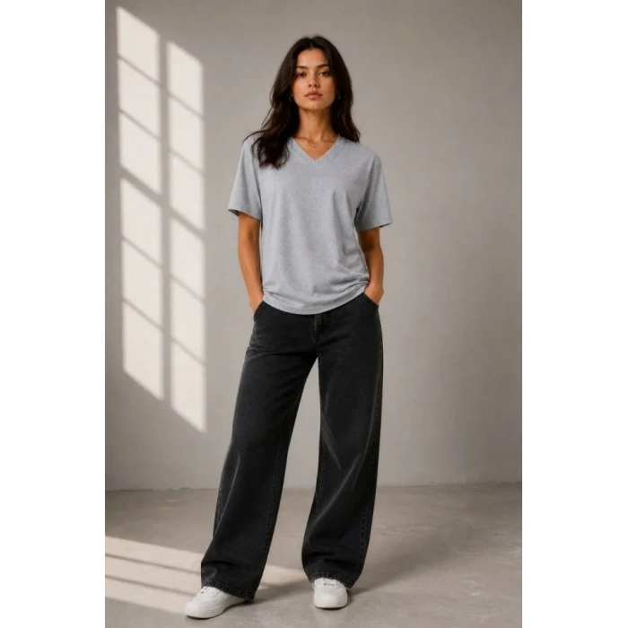 V Yaka Basic Tişört Kısa Kol Yazlık Regular Fit Thirt  Gri