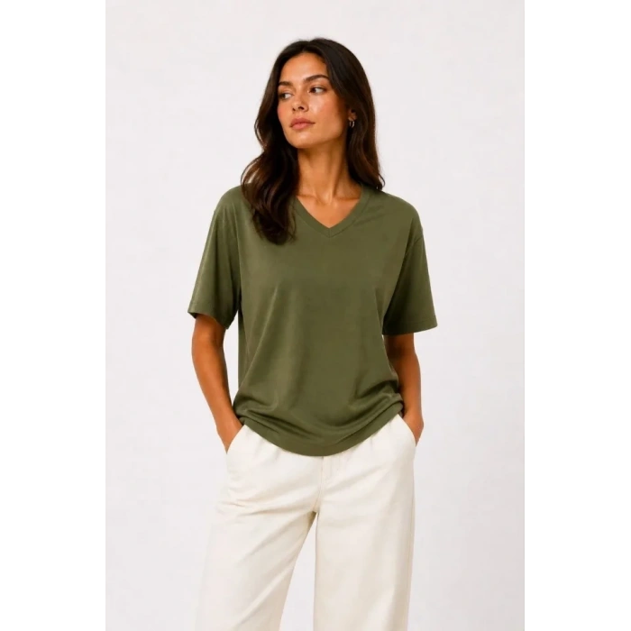 V Yaka Basic Tişört Kısa Kol Yazlık Regular Fit Thirt  Haki