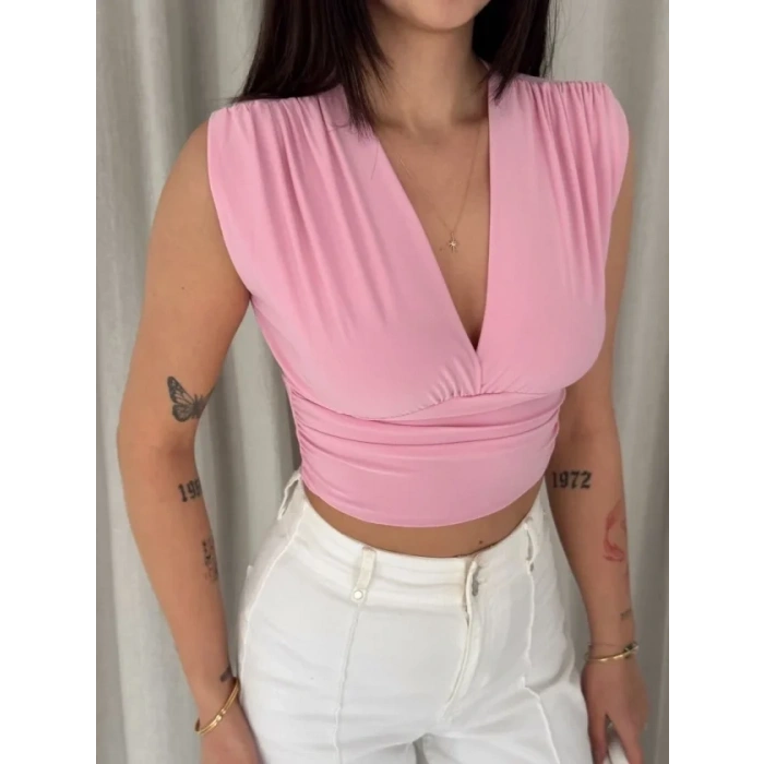 Vatkalı Kolsuz V Yaka Drapeli Crop Bluz ikralı Fit  Pembe