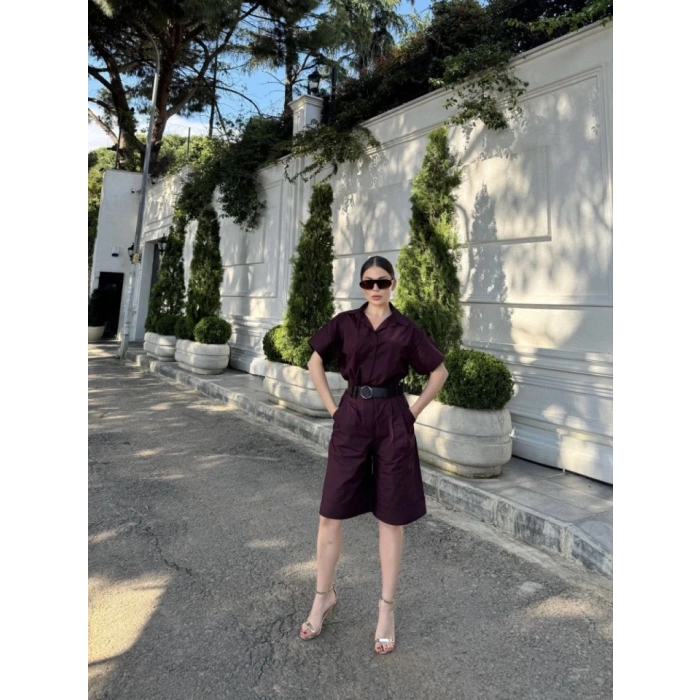 Yakalı Gömlek Kemerli Şortlu Takım  Bordo