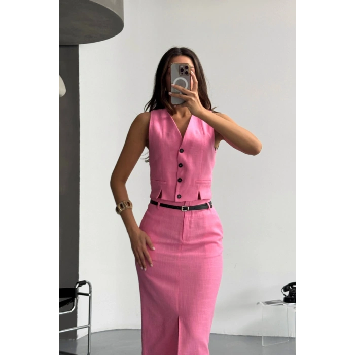 YELEKÖNDEN YIRTMAÇLI ETEK TK ŞANTUK KETEN  Pembe