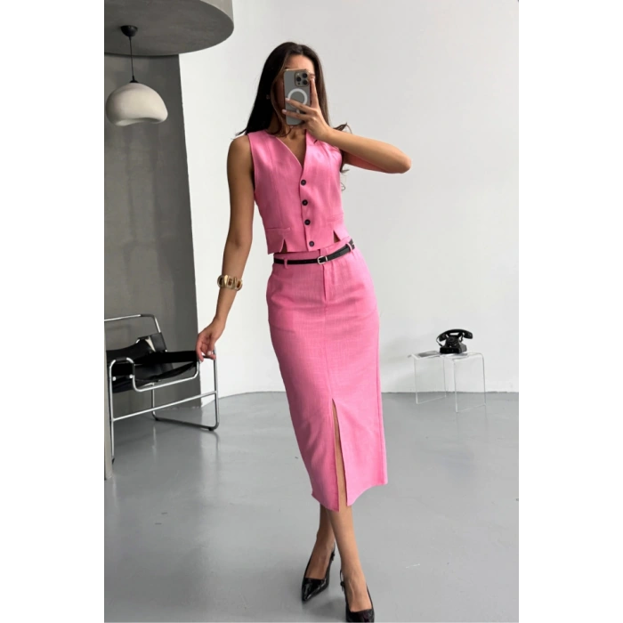 YELEKÖNDEN YIRTMAÇLI ETEK TK ŞANTUK KETEN  Pembe