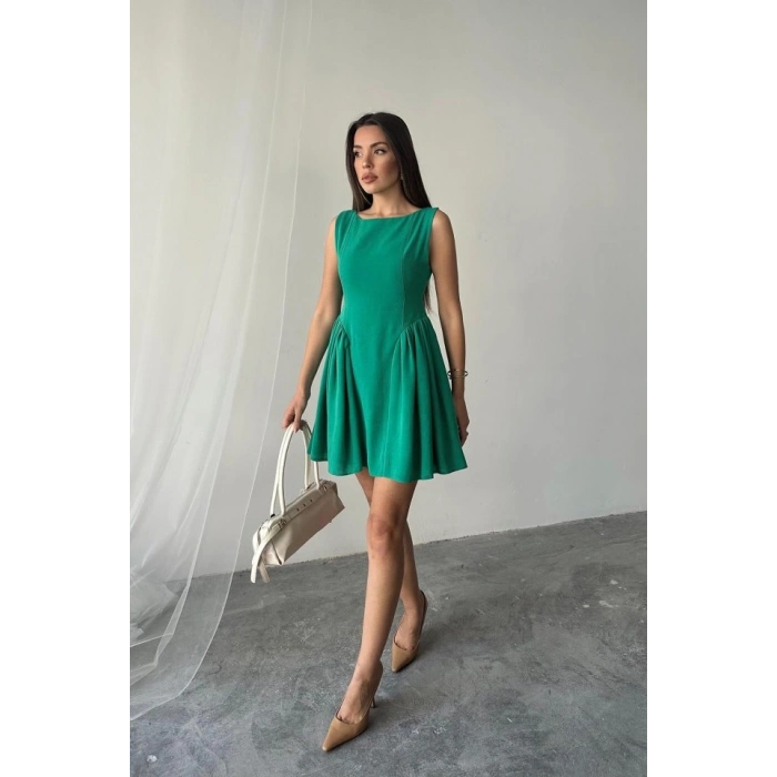 Yeşil ini Boy Büzgülü Keten Elbise