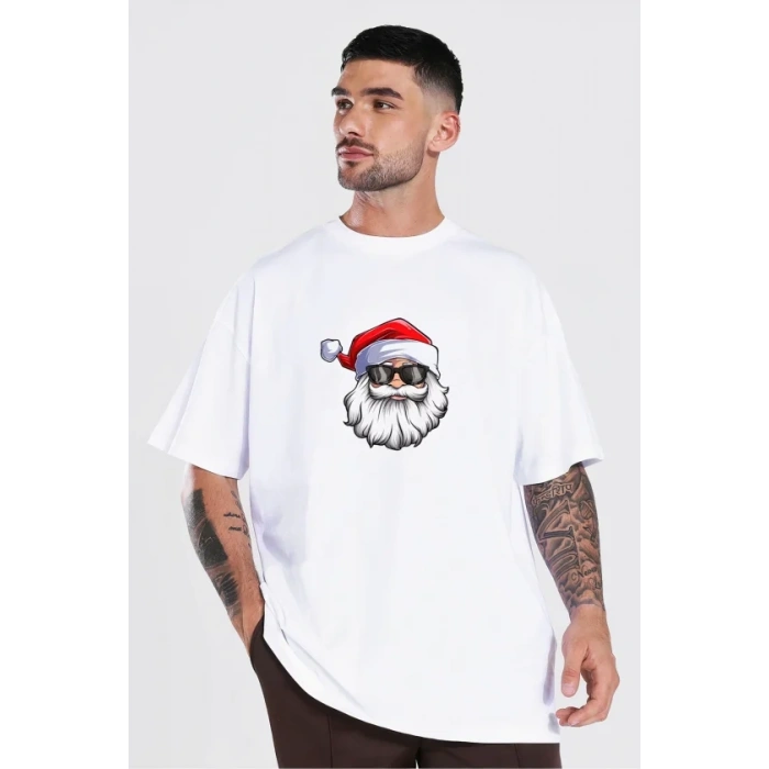 Yılbaşı Gözlüklü Noel Baba Baskılı Kısa Kollu Oversize Bisiklet Yaka Tshirt  Beyaz