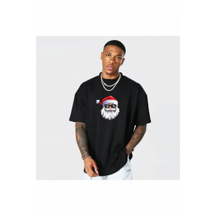 Yılbaşı Gözlüklü Noel Baba Baskılı Kısa Kollu Oversize Bisiklet Yaka Tshirt  iyah