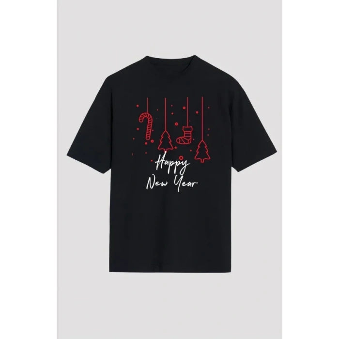 Yılbaşı Happy New Year Baskılı Kısa Kollu Oversize Bisiklet Yaka Tshirt  iyah