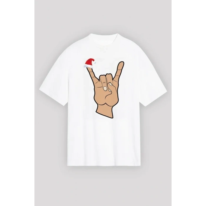 Yılbaşı Noel Başlıklı erçe Parmak Baskılı Oversize Bisiklet Yaka Tshirt  Beyaz