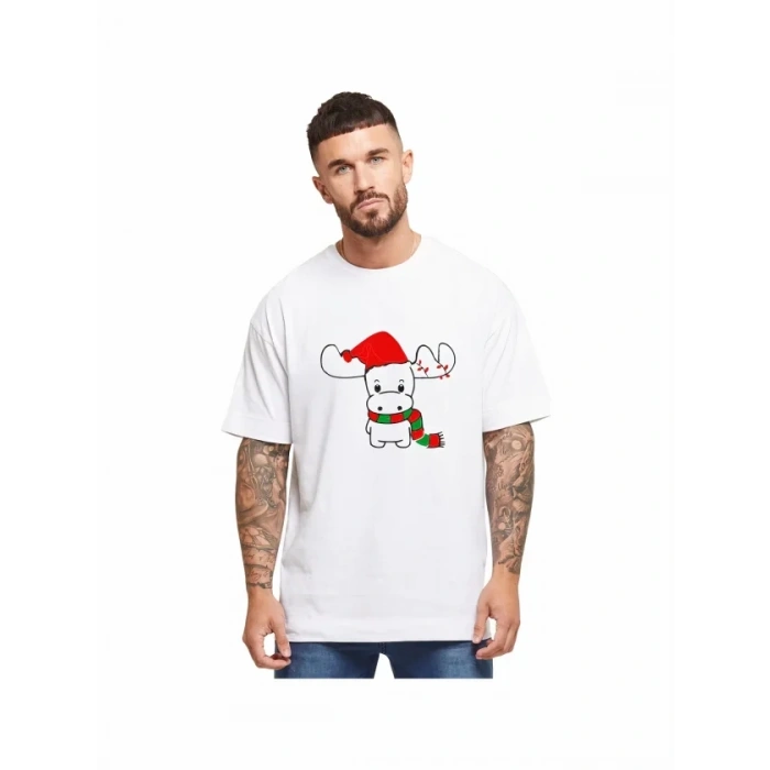 Yılbaşı Noel Ren Geyiği Baskılı Kısa Kollu Oversize Bisiklet Yaka Tshirt  Beyaz