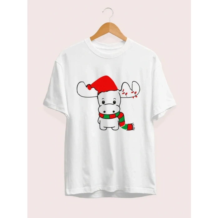 Yılbaşı Noel Ren Geyiği Baskılı Kısa Kollu Oversize Bisiklet Yaka Tshirt  Beyaz