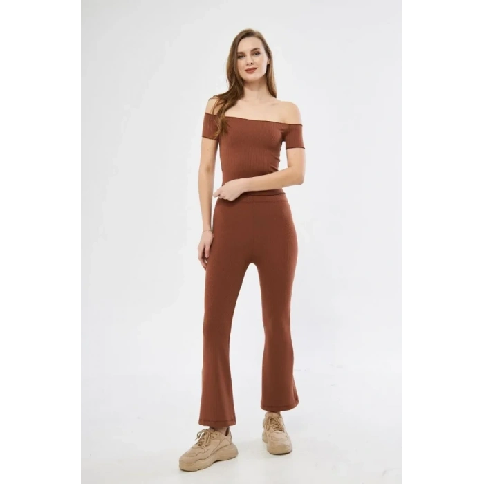 Yüksel Bel Fitilli İspanyol Paça Tayt  Kahve