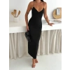 Askılı Uzun Elbise V Yaka Şık Gece Elbisesi Vücuda Oturan  iyah