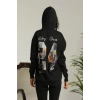 Baskılı Oversize Üç İplik Kapüşonlu weatshirt  iyah