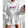 Baskılı Üç İplik Kapüşonlu Oversize weatshirt  Beyaz