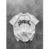 Bisiklet Yaka Ön Baskılı Kısa Kollu Tişört treetwear Günlük Basic Pamuklu Tshirt  Beyaz