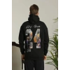 Erkek Baskılı Oversize Üç İplik Kapüşonlu weatshirt  iyah