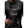 Erkek Bisiklet Yaka Kedi Baskılı Süprem Tshirt