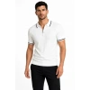 Erkek Fitilli Triko Tshirt Polo Yaka Yarım Fermuarlı Kısa Kollu Tişört  Beyaz