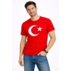Erkek Thirt Kısa Kol Bisiklet Yaka Ay Yıldız Bayrak Baskılı Tişört  Kırmızı