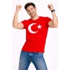 Erkek Thirt Kısa Kol Bisiklet Yaka Ay Yıldız Bayrak Baskılı Tişört  Kırmızı